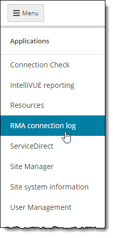 RMA connection log menu.